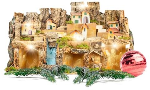 Avilia Presepe Napoletano Artigianale in Sughero 80x50x45cm con Luci a Batteria - Realizzato a Mano con Materiali Resistenti e Durevoli è Ideale per Decorazioni Natalizie Magiche in Ogni Ambiente