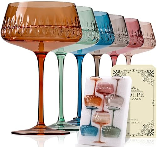 JOVGANK Färgade martiniglas set med 6, handblåsta färgglada cocktailglas 414 ml, vintage champagneglas, stora margarita-glas, kristall retrostil bar dricksglas, flerfärgade
