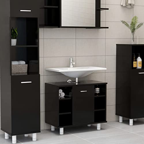 Homvdxl Modern Under Sink Bathroom Cabinet, Free Standing Sink Storage Unit, Basin Cupboard With Door & Open Shelves, for Washbasins without Pedestal, Black