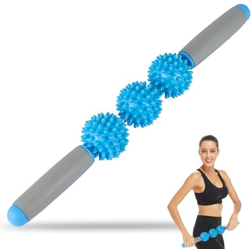 Igelball Massageroller mit Griff, Massageroller Stick Massagestab mit 3 Igelball, Stab Igelballrollen mit Handgriffe 3 Bällen, Faszienrolle Faszienstab Massage Roller, Blau