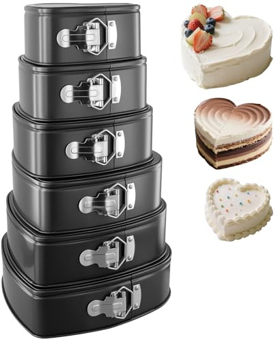 SINJEUN 6 pezzi Stampo per Dolci a Forma di Cuore, con fondo rimovibile, per torta, festa, compleanno, 18/20/ 22/24/ 26/28 cm, nero