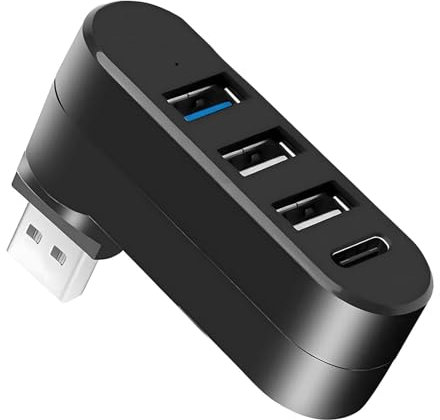 4-Port USB 3.0 Hub, Splitter with 3 Ports & 1 USB C Power/Data Port, per PS4/PS5, laptop, PC, stampante, MacBook, 180° Degree Rotatable 3.0 Hub, nero
