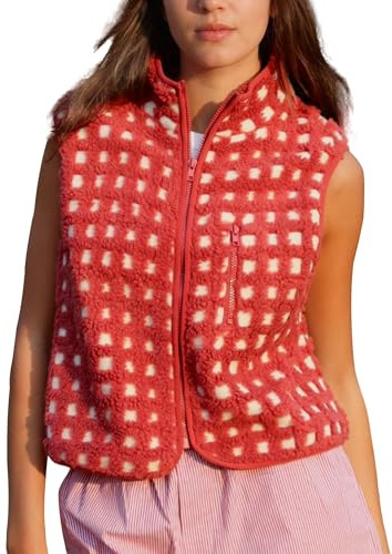 Springcmy Womens Checkered Sherpa Vest Sleeveless Winter Fleece Vest Jacket Stand Collar Zip Up Plaid Gilet with Chest Pocket (A-Red, L)