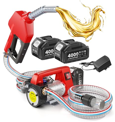 Pompe à Gasoil Sans Fil 45L/min, Pompe Électrique Diesel 21V avec 2 Batterie 4000 mAh, Pompe à Carburant Portable avec Pistolet à Arrêt Automatique, 2 Tuyaux de 2 m pour Diesel et Kérosène