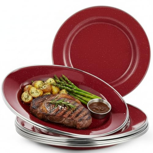 Sawysine 8 Pcs Enameled Camping Plates 10 Inch Round Enamel Dishes Enamelware Dining Tableware Set for Camping Essentials Backpacking Fishing BBQ Farmhouse Picnics Dinner (Red)
