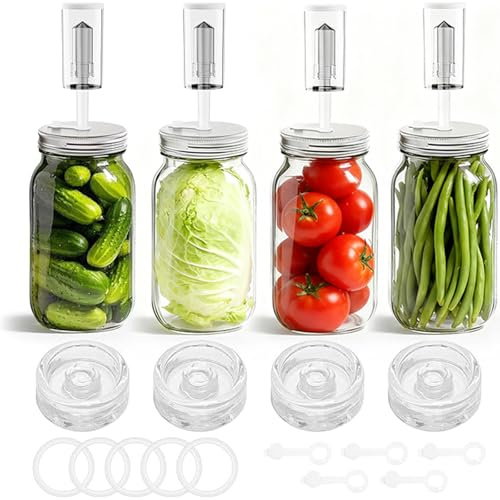 Dobyusf Fermentation Kit for Wide Mouth Mason Jars 4- Complete Pickling & Sauerkraut Set with Glass Weight, Stainless Steel Lid, Air Lock Valve, Silicone Seals (Jar Not Included)