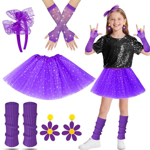 Disfraz Años 80 Niña, Calentadores Niña Años 80 Guantes Rejilla Niñas con Tutu Falda Red de Pescado Guantes Pendientes Banda de Cabeza Niñas Vestido de Fiesta para 80s 90s Discoteca Fiesta 4-10 años
