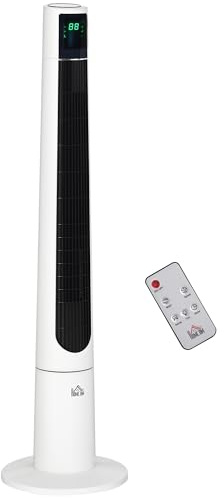HOMCOM Ventilador de Torre, Ø32x118,2 cm, Ventilador de Pie Silencioso 50W con Control Remoto, 3 Velocidades, 3 Modos, Temporizador 12H, Oscilación 40°, Pantalla LED, para Hogar y Oficina, Blanco