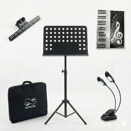 Infitronic INNPBSET01 – Atril para partituras de orquesta negro – Altura ajustable (83 – 150 cm), atril estable con bandeja perforada y bolsa de transporte, luz para atril + clip para partituras +