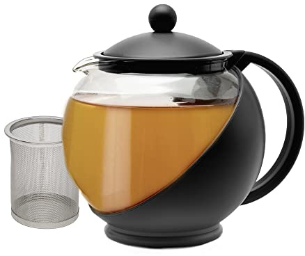 Primula Half Moon Teapot with Removable Infuser, Glass Tea Maker with Reusable Fine Mesh Stainless Steel Filter, Dishwasher Safe, 40-Ounce, Black