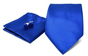 Coffret Ensemble Cravate Homme, Mouchoir de Poche, Boutons de Manchette Bleu - 100% en Soie - Classique, Elégant et Moderne - (Idéal pour un cadeau, un mariage, avec un costume)