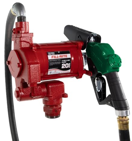Fill-Rite FR710VB 115V 20 GPM Fuel Transfer Pump with Discharge Hose & Automatic Nozzle, Red | Gasoline, Diesel, Kerosene, Ethanol Blends, Methanol Blends & Biodiesel up to B20