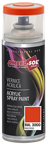 AMBRO-SOL - Pintura acrílica en spray, color Rojo Fuego, RAL 3000, resultado profesional en múltiples superficies, exteriores e interiores, 400 ml