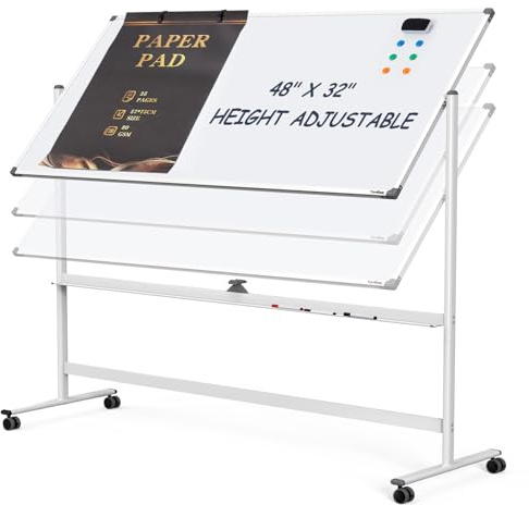 Dry Erase Whiteboard Easel on Wheels - TANKEE 48 x 32 Large Double Sided Mobile Whiteboard, Reversible Magnetic Rolling White Board for Home Office Classroom, Flip Chart Holders and Paper Pad