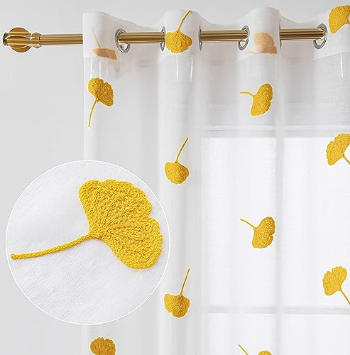 ZJYPRSCU Yellow Sheer Curtains 95 Inches Long Embroidered Leaf Patterned Linen Look Floral Semi Sheer Curtain for Kids Bedroom Living Room Grommet Voile Drapes 2 Panels