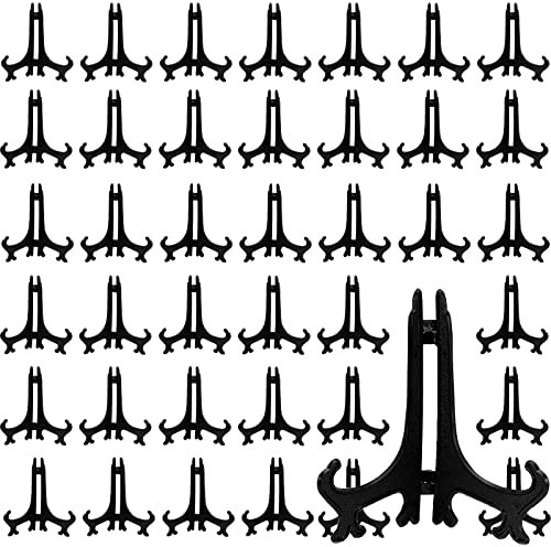 HEIHAK 40 Pack 6 Inch Black Plastic Easel Display Stands, Folding Plate Display Holder Stand, Picture Frame Stand Holder for Weddings, Home Decoration, Birthdays, Tables