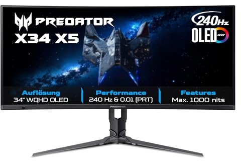 Predator X34 X5 Gaming Monitor 34 Zoll (86 cm Bildschirm) UWQHD, QD-OLED, 240Hz, 0.01ms(PRT)/0.03ms(GTG), DP 1.4, 2xHDMI 2.1, Type-C 90W, USB HUB, Curved, höhenverstellbar, FreeSync Premium Pro