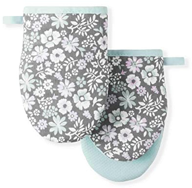Martha Stewart Ditsy Floral Mini Oven Mitt 2-Pack Set, Grey, 5.5X8