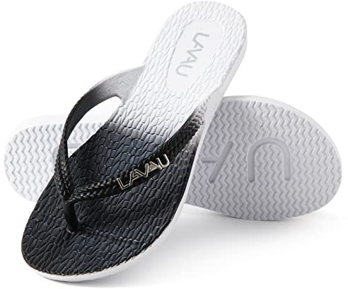 LAVAU Beach Sandals for Women Dressy Summer, Waterproof and Non Slip Flip Flops for Pool, Shower and Water LAVAU-002-hei/bai-7