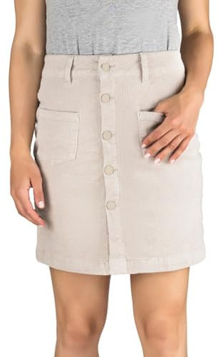 DENIMFY Cordrock Damen Midi Herbst Cord Stretch DFAlina A-Linie Midirock Knielang Taschen Knöpfe Rock Skirt, Größe:M, Farben:Light Sand (60200)