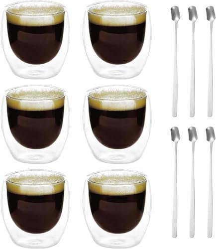 Verres à Latte Macchiato : Lot de 6 Tasses à Double Paroi, 80 ml, Avec 6 Cuillères - Pour Expresso, Cappuccino, Café, Café Glacé - Verres Isothermes