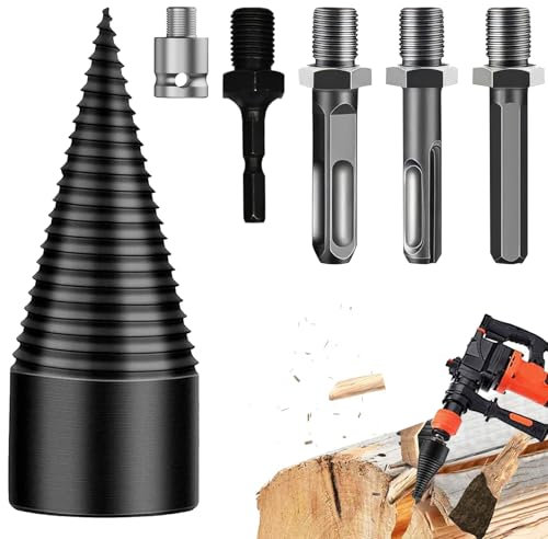 AIAMER 6Pcs 32MM Wood Splitter Drill Bit, Log Splitters Drill Bit Firewood Drill Bit Easy Split Drill Bit Wood Splitter with 5 Handles (Square & Round & Hexagonal Shank & Small hex & Electric Handle)