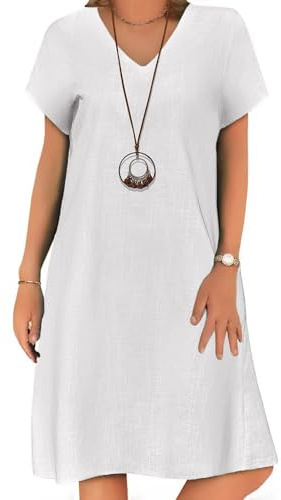 Zeagoo Abito Estivo Donna Vestito 100% in Cotone al Ginocchio Manica Corta Abito con Scollo a V T-Shirt Casual Vestito Elegante A Line Tinta Unita con Tasche Bianco L
