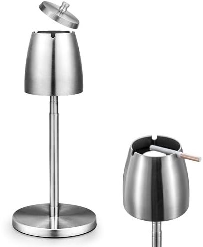 WANDGU Standaschenbecher Edelstahl: Aschenbecher Höhenverstellbar mit Rutschfestem Boden, Höhe Ausziehbar 34-65cm, Winddichtem Aschenbecher mit Deckel für Draussen und Innen Raucherbereiche (Silber)