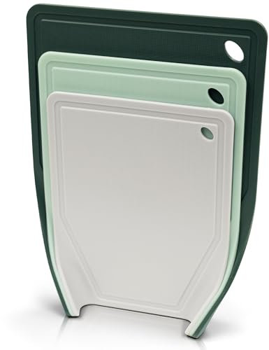 YourCasa Lot de 3 planches à découper avec rainure à jus - Antidérapantes - Passe au lave-vaisselle - Tons verts