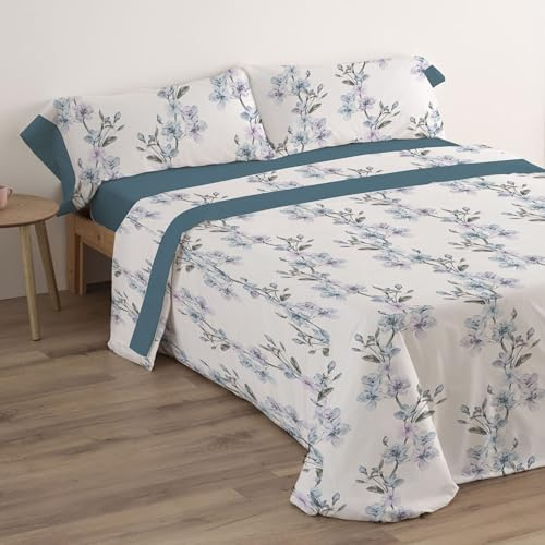 Donegal Collections - Sabanas 160 x 190 - Juego de Sabanas Cama 160 Jasmin Azul - Bajera, Sabana Encimera y 2 Fundas de Almohada - Primavera Verano - Tacto Extra Suave 50% Algodón 50% Poliester