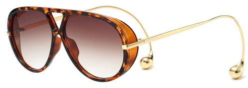 YAMEIZE Rétro Lunettes de Soleil Pilote pour Femmes Hommes Rondes 70s Double Pont avec Boucle D'oreille Vintage Grande Cadre Lunettes UV400