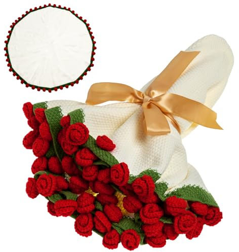 EIGHTOWN 43'' Crochet Flowers Red Rose Bouquet Blanket Finished - Handmade Knitted Throw Blanket - Home Décor Ideal Gift for Mom - Mother's Day Birthday Valentine's Day