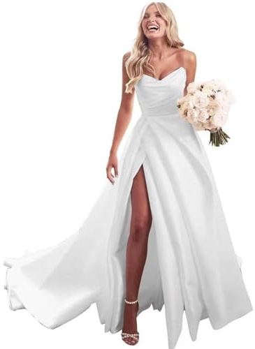 ZOOYYUE Brautkleid Trägerlose Satin Hochzeitskleider Damen Lang A-Linie Standesamt Brautkleider mit Schlitz Elfenbein 38
