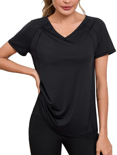 Wayleb Maglietta Sportiva Donna Scollo V Manica Corta Raglan T Shirt Sport Top Traspirante Palestra Yoga Allenamento Running Magliette Estive Sportive, Nero XL