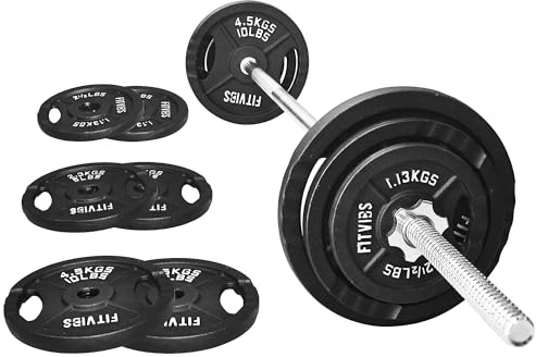 Fitvids Barbell Weight Set, Cast Iron 1 Standard Weight Plates Including 5FT Bar & Star Locks, Style #3, Black