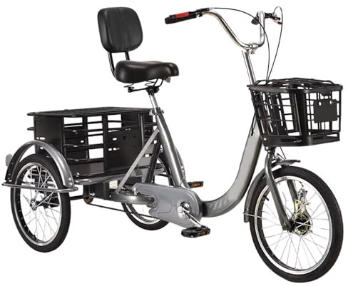 LSQXSS Lastenrad mit Heckkorb, Dreirad mit 18-Zoll-Rädern, Doppelbremsen, verstellbarem Sattel mit Rückenlehne, Cruiser mit Rahmen aus Kohlenstoffstahl, Erwachsenen-Dreirad für Freizeit, Einkaufen