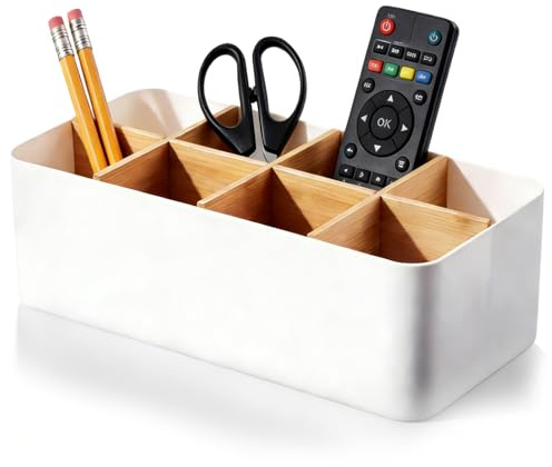 Tmefoy Organiseur de bureau, 8 compartiments, porte-crayons, organisateur de crayons, blanc, boîte de rangement multifonctionnelle pour bureau, cosmétiques, notes adhésives, télécommandes