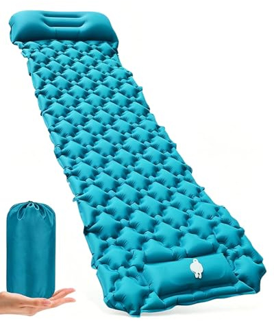 Hingue Matelas Autogonflant 1 Personne-Matelas Camping 1 Place Ultra-Léger avec Pompe à Pied & Oreiller, Tapis Gonflable Compact & Résistant à l’Eau pour Trekking, Randonnée, Plage & Tente - Bleu Paon