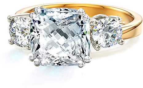 Samie Collection 3.67 ctw 3 Stone Cushion Cut CZ Engagement Ring, Gold Plated – Royal Wedding Inspired Bridal Promise Ring, Size 7