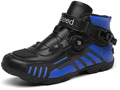 MRDEAR Bottes de Cheville Motard Hommes Chaussures de Moto Sneakers Bottes de Moto Respirantes Chaussures Bikers Sport Équipement de Protection avec Bouton de Réglage, 3 Couleurs,Bleu,43 EU