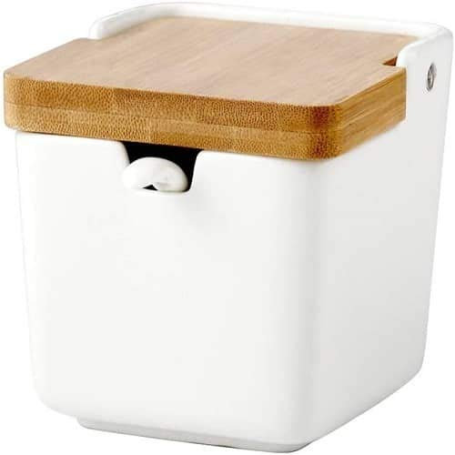 CABLEPELADO Azucarero de Cocina de Ceramica con Tapa de Bambu Blanco