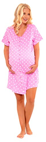 i-Smalls Maternity Nightdress 100% Cotton, Short Sleeve, Button-Front Nursing Pregnancy & Postpartum Sleepwear (Pink) 12-14
