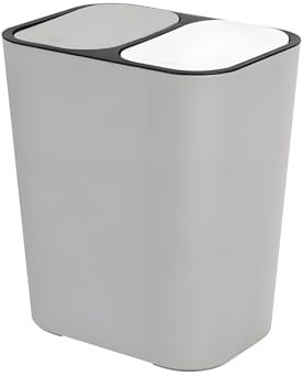 Holdfiturn Double Recycling Waste Bin Rectangle Plastic Trash Can Dual Compartment Garbage Storage Box Container Push-Button Rubbish Bin for Kitchen Office Home (Grey)