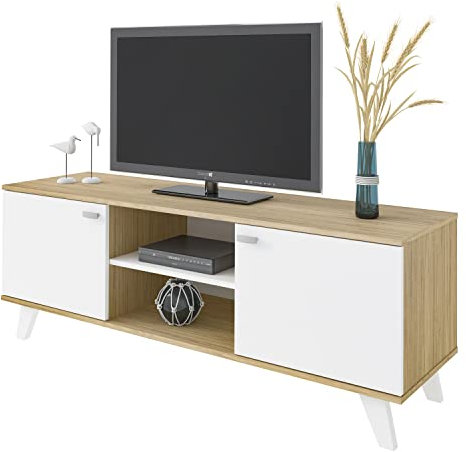 MOMMAHOME® Mueble TV, Mueble de Salón Moderno, Mesa de televisión 2 Puertas y Baldas centrales, Acabado en Roble y Blanco, Patas de Madera, QUIATUR, 140 cm L x 51 cm A x 40 cm F.