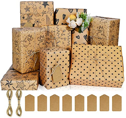 Geschenkpapier Set,Öko Geschenkpapier Geburtstag Geschenkpapier Kraftpapier,Packpapier Geschenkpapier Kinder Mädchen Männer Jungen Frauen,Bunt Geschenk Papier Natur Geburtstagspapier mit Tags Schnur