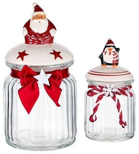 evelay Christmas Cookie Jar Glass with Ceramic Novelty Lid for Christmas Sweets Chocolates Candies Biscuits Nuts Containers Kitchen Décor (Set of 2)