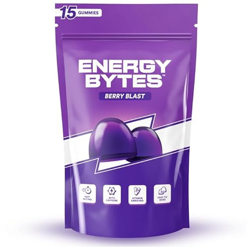 Energy Bytes Koffein Kaugummi - Schneller, leckerer Boost für Konzentration und Produktivität - Besser als Energydrinks, Gels, Kaubonbons - Vegan, zuckerarm, mit Vitamine A, D, B3, B6 & B12 | 15-Stück