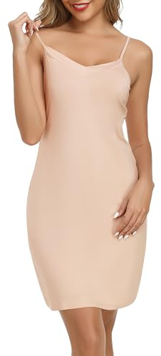 Lovasy Fond de Robe Femme Court Jupon sous Robe Sexy avec Bretelles Réglable Élégant Chemise de Nuit Col en V Femme Lingerie sous-Vêtements Grande Taille A-Beige, M