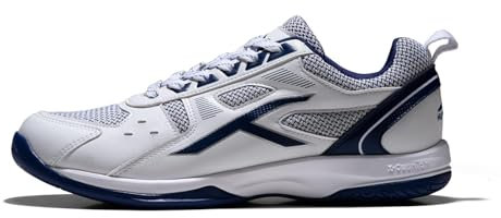 HUNDRED Raze Badminton Shoe (White Navy Blue, UK 9 US 10 EU 43) Mens and Boys Non-Marking Shoe Court Shoe for Badminton, Squash, Tennis Players X-Cushion, Active Grip Sole, Toe Assist