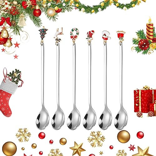 Weihnachtslöffel, 6 Stück Edelstahl Löffel, Edelstahl Kaffeelöffel mit Weihnachtsanhänger, Kleine Zuhause Löffel, Löffel Set,Dessert Teelöffel Geschenkbox Verpackung(Silver)
